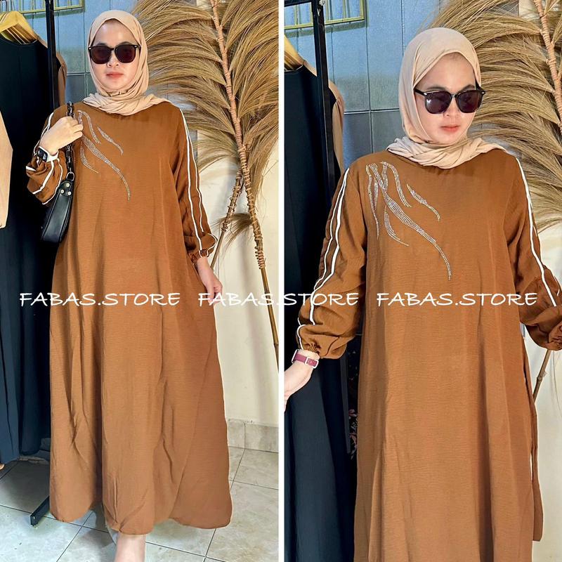 Azkya Dress  Gamis Cringkle Airflow mix Swarosky premium Wanita Muslim Kain Crinkle Flowy Nyaman Panjang Wudhu Lebaran Simple 3