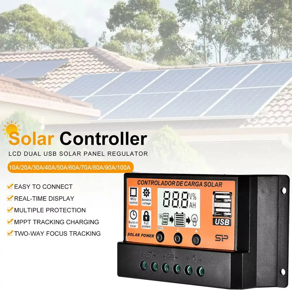 Orange PWM Solar Charge Controller 10A 20A 30A 12v 24V Solar Controller Solar Panel Battery Regulator Dual USB 5V LCD Display