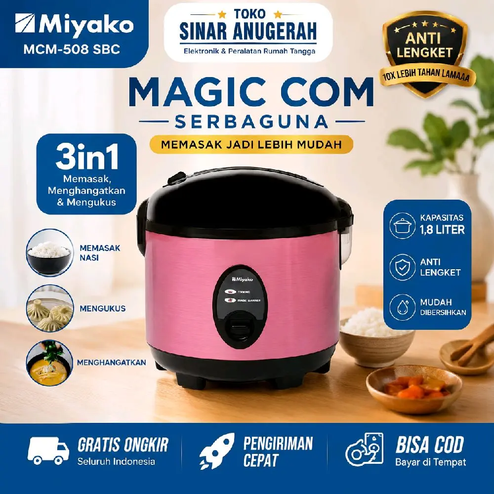 Miyako Magic Com MCM-508 SBC 3in1 Serbaguna Memasak Menghangatkan & Mengukus Kapasitas 1.8 Liter Anti Lengket - Cooker