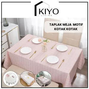 KIYO Taplak Meja Anti Air Motif Kotak Kotak Bahan PEVA Taplak Meja Makan Kotak Anti Air Waterproof Alas Meja Serbaguna