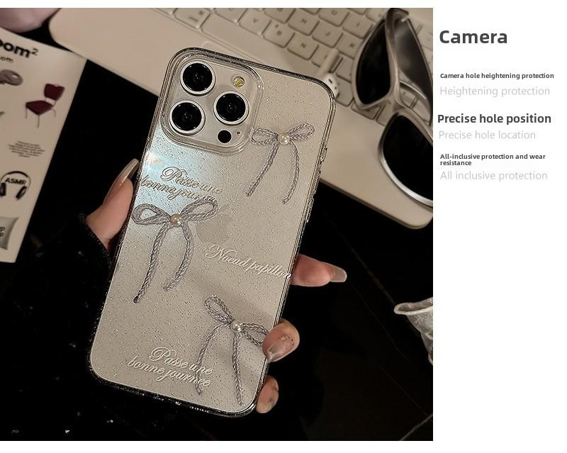 Product Introduction of Sparkly Pearl Bow Glitter Clear Full-Edge Protective Anti-Scratch Phone Case for iPhone 11/12/13/14/15/16 Pro/15 Pro Max Shockproof Anti-Drop Smartphone Case for Women 7