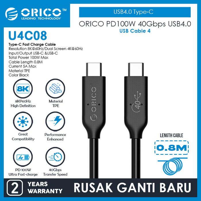 Gambar ORICO PD100W 40Gbps USB4.0 Type-C Fast Charge Cable 80 cm - U4C08 dari ORICO INDONESIA Official Shop Kota Administrasi Jakarta Utara Tokopedia