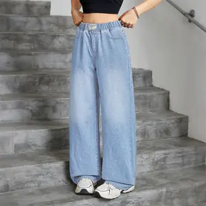 Celana Jeans Girl Elastic Waist Plus Size Straight Cut Wanita Denim Baggy Pants