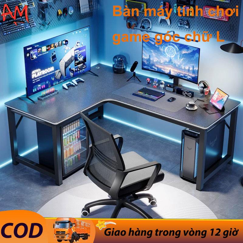 Bàn máy tính chơi game góc chữ L với bề mặt gỗ sợi carbon, tận dụng tối đa không gian góc. Bàn làm việc, pcgaming phòng pc ban học