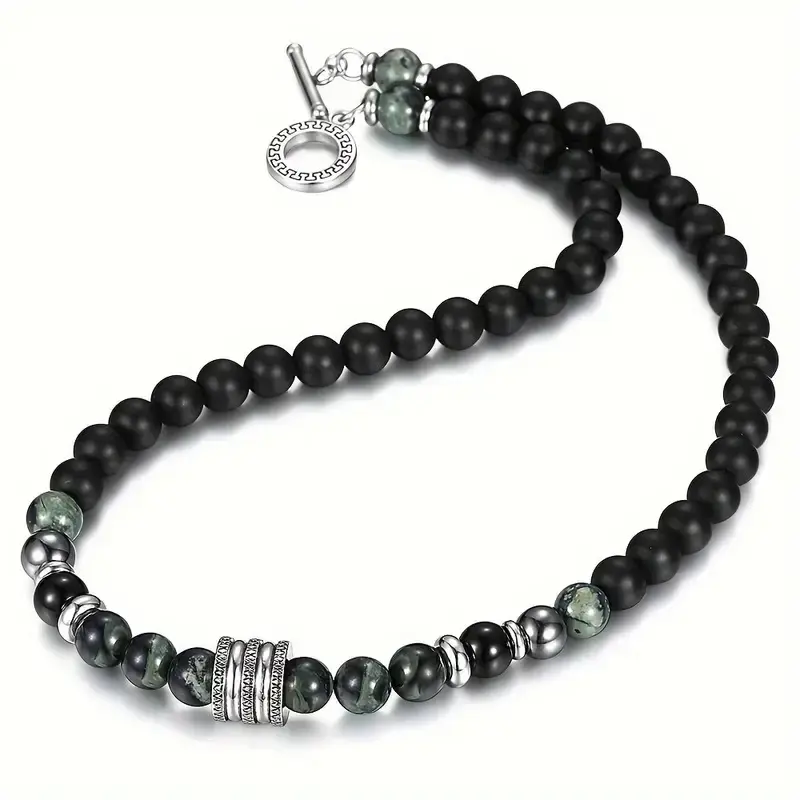 Elegant tiger's eye and black glass bead necklace - Stainless steel pendant, with toggle clasp, 18/2 inches long, fashionable matte finish jewelry, unisex, tiger's eye jewelry,