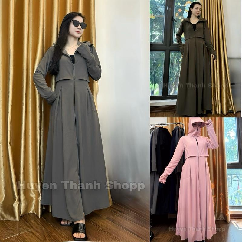 Áo chống nắng thân trên và tay áo hai lớp. Thân dưới xoè bung một lớp Áo chống nắng dài toàn thân chống tia UV.TopSport Hè 2025