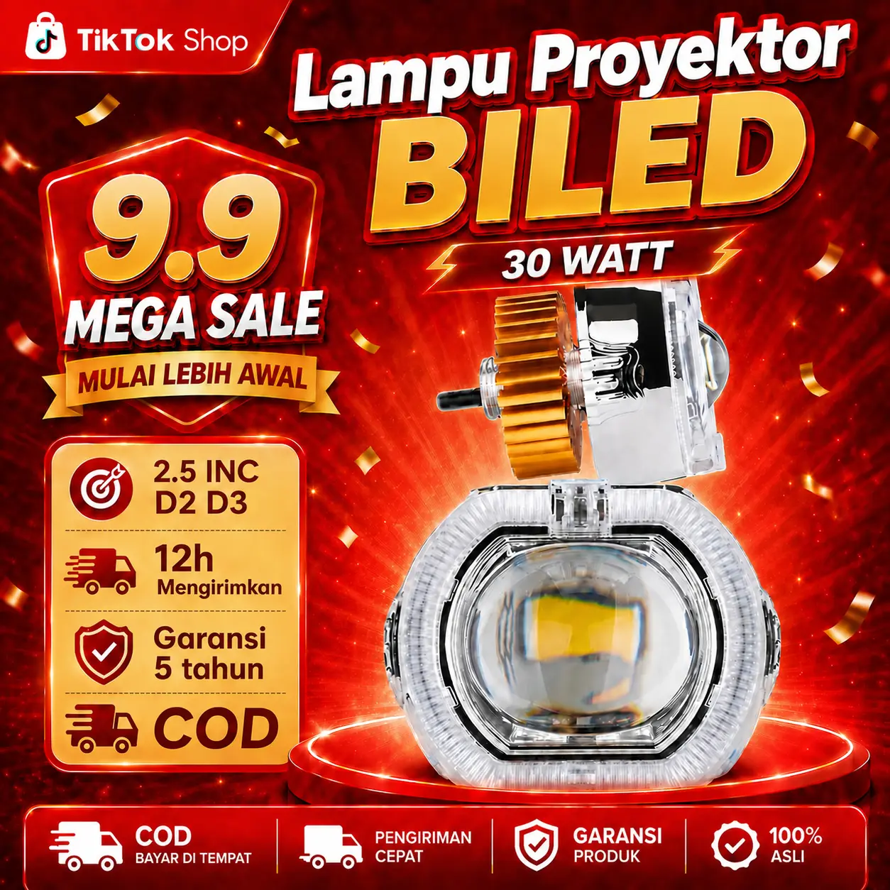 Lampu Biled Cut Off Mini 2.5 INC Tipe D2 D3 Mode Jauh Dekat 30 Watt Waterproof Dilengkapi Devil, PNP Cocok Untuk Semua Motor dan Motorcycle