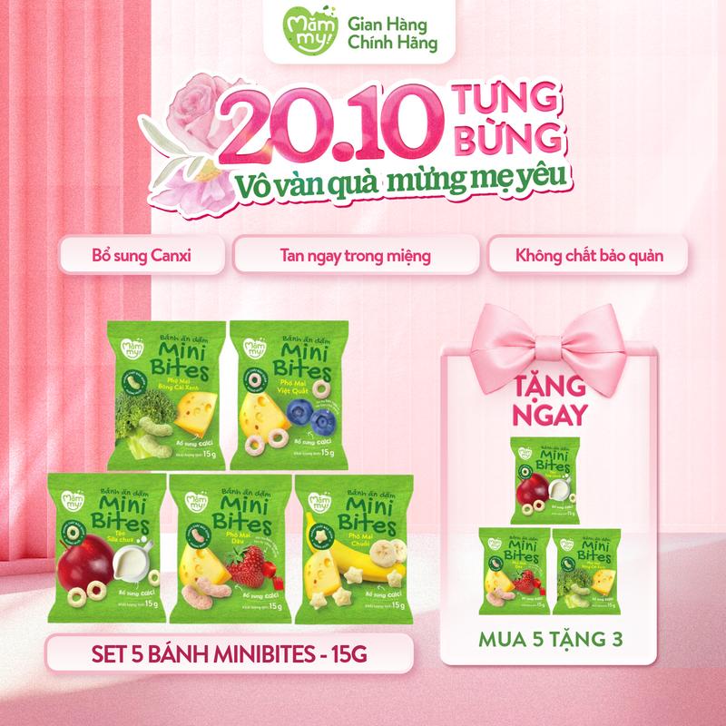Combo 5 Bánh Ăn Dặm Mini Bites Mămmy Hỗ Trợ Tập Nhai, Giàu Canxi Cho Bé Từ 6 Tháng, Gói 15g - BMB