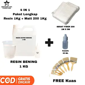 TEBUS MURAH Paket Lengkap Resin Bening 1 Kg Plus Serat Fiber Matt 200 1Kg 1M x 5M Free Katalis 20 ML Plus Kuas