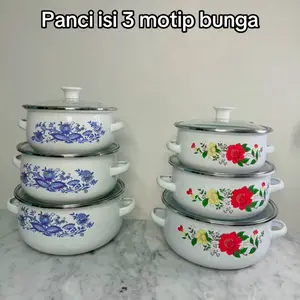 Panci 3 susun motip bunga bahan enamel anti lengket dan karat Set Kitchenware