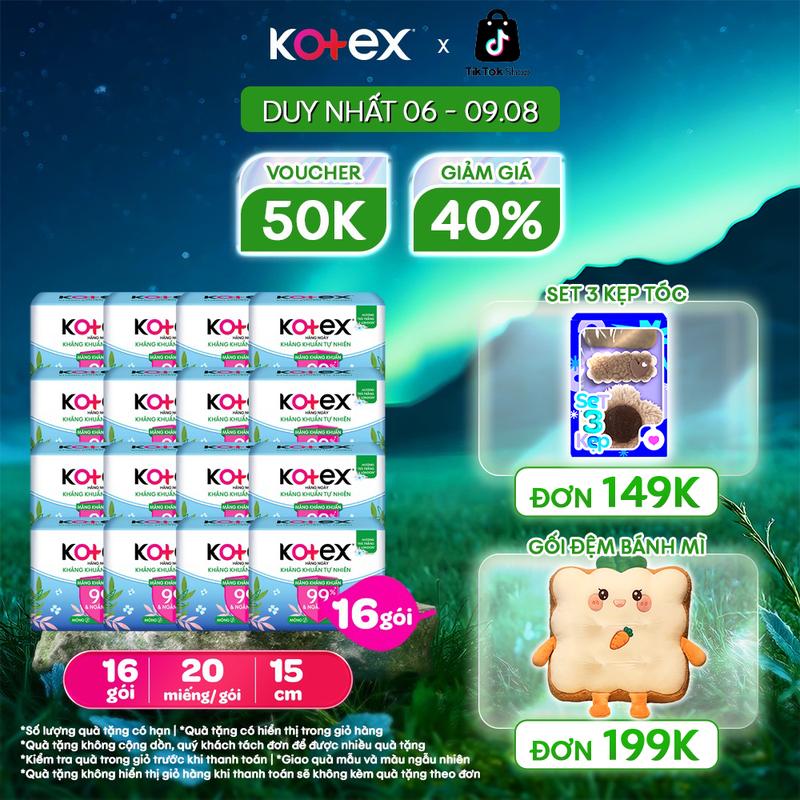 Lốc 8/Lốc 16 Băng vệ sinh Kotex Hàng ngày Hỗ trợ Kháng Khuẩn Tự Nhiên 15cm - 20 miếng