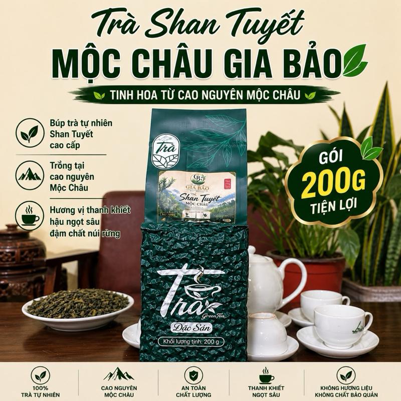 Trà Shan Tuyết Mộc Châu Gia Bảo gói 200gam - Trà Xanh Tự Nhiên - Thơm Ngon An Toàn