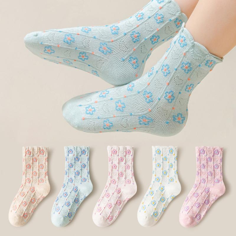 5Pairs Floral Girl Kids Middle Tube Socks Spring Cute Flower Princess ...