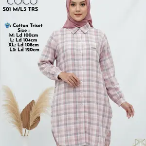 Tunik katun motif salur kotak Wanita Panjang Muslim Garis Atasan