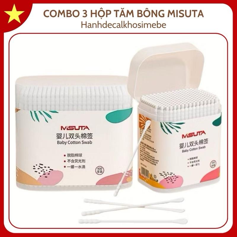 Combo 3 Hộp Tăm Bông Trẻ Em Misuta Kháng Khuẩn Hộp 200 400 Que Lõi Giấy Cho Bé Sơ Sinh Ngoáy Tai Mũi