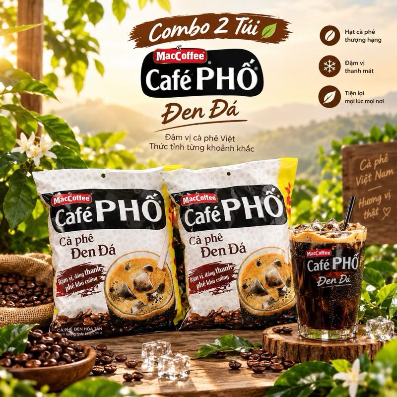 Combo 2 Túi 100 gói Café PHỐ Den Da - Cà Phê Việt Nam Hương Vị Thật - Đậm Vị Thanh Mát - Tiện Lợi Mọi Lúc Mọi Nơi