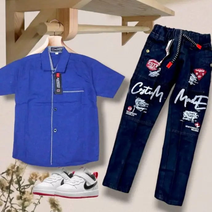Setelan celana jean panjang dan kemeja anak laki laki usia 1 sampai 12 tahun / fashion anak cowok Bayi Katun Parsel 1