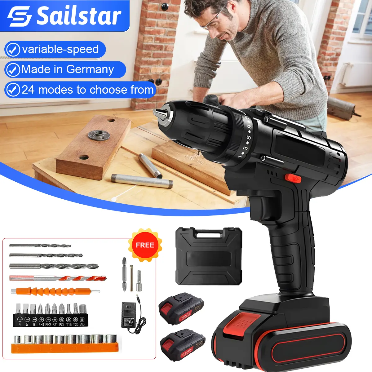 Sailstar 68VF Cordless Impact Drill 3-System Drill with Impact Function and Screwdriver - Electric Drill with 2-Speed Battery