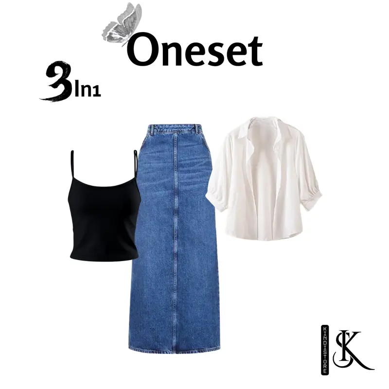 1 set outfit wanita kece [KEMEJA + ROK JEANS + TANKTOP + JAM TANGAN] tampil modis dan stylish KS0057 4