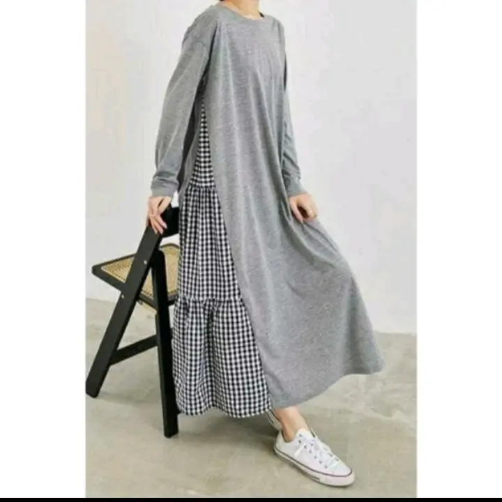 Midi dress wanita kotak ruffle keren korean style