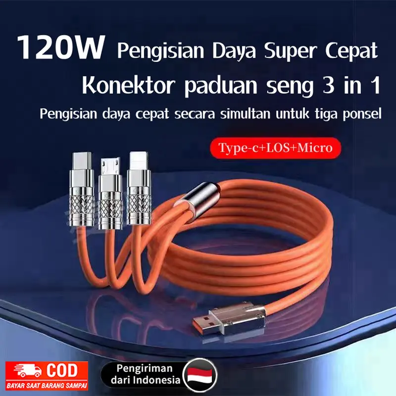 Kabel Data 3 in 1 Fast Charging HP Kabel Casan 3in1 Tipe C/MicroUSB/iOS Lightning dengan Adapter 120W 0