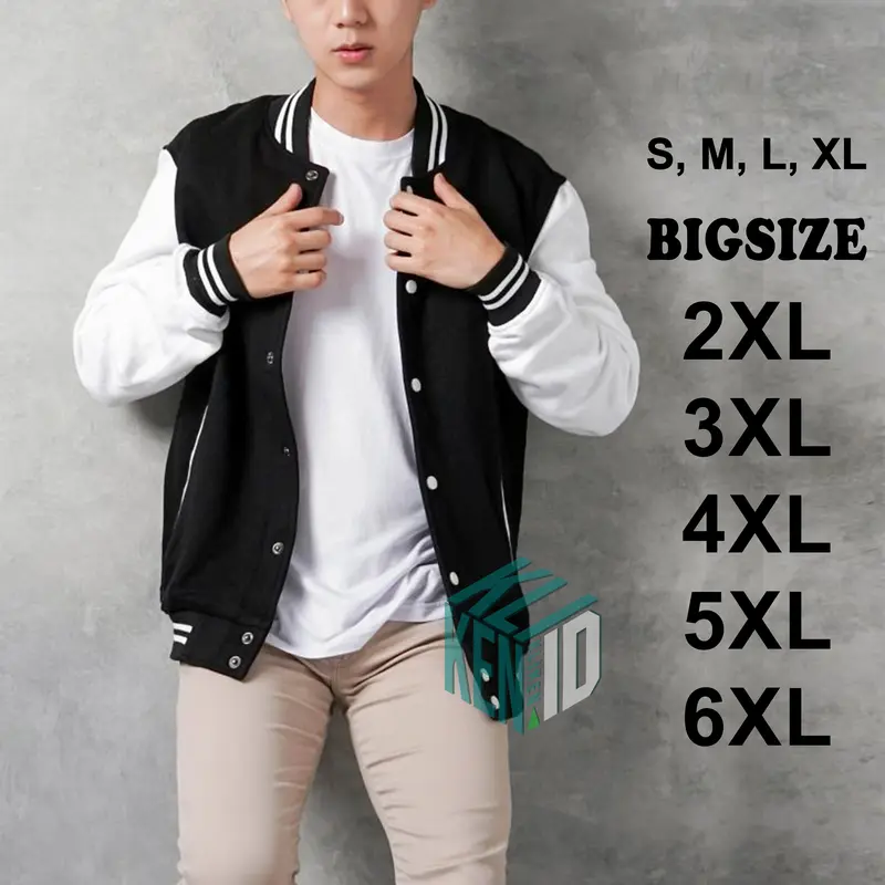 Jaket Baseball Varsity bomber Kancing ( BISA CUSTOM INISIAL WARNA SABLON BORDIR ) Pria Wanita Jumbo big Size S M L XL XXL XXXL XXXXL XXXXXL XXXXXXL HITAM PUTIH Korean Street Style 0