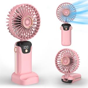 電動ポータブルハンドヘルドファン、LEDディスプレイ付きUSB充電式ファン、ベース付き90°折りたたみ式デスクファン、女性用5スピードメイクアップファン
