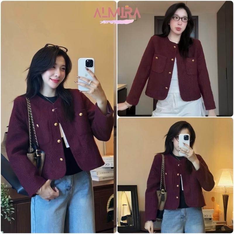 Áo Khoác Dạ Màu Đỏ Đô Dáng Ngắn 2 Lớp Chất Dạ Ép Almira Store