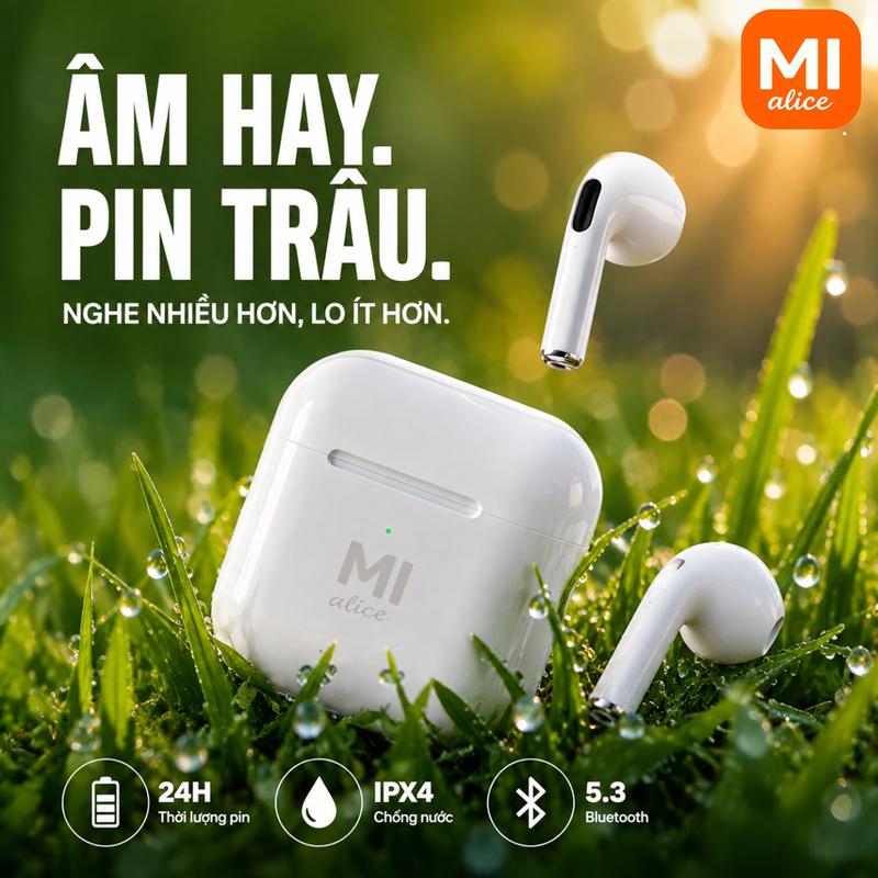 MI alice Tai nghe Bluetooth không dây với thiết kế nhét tai,âm thanh độ trung thực cao, khả năng kháng nước IPX5, micrô tích hợp, thời lượng pin 6 giờ và điều khiển cảm ứng; tương thích với các thiết bị iPhone và Android.