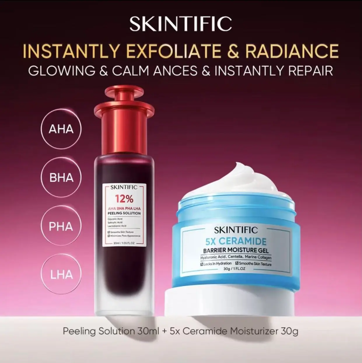 SKINTIFIC - 2pcs Paket-Skincare Set|Acid Peeling Solution Serum 30ml + 5X Ceramide Barrier Moisturizer Gel Daily Radiant