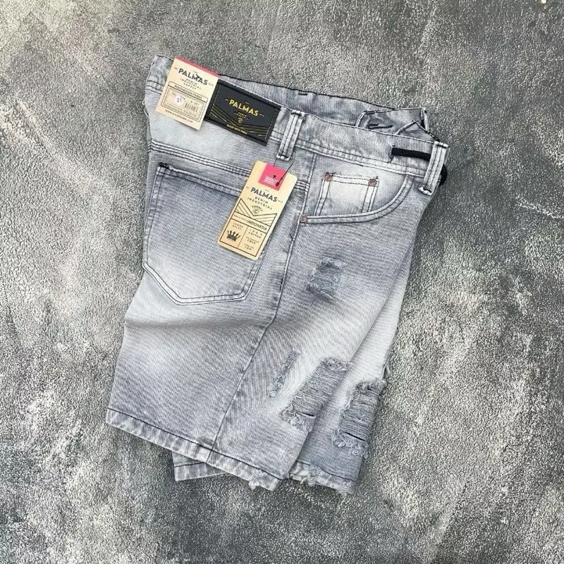 Palmas + Celana pendek sobek jeans + celana pendek jeans + celana robek + celana pendek sobek + celana distro + celana santai Dewasa Shorts Pria Denim Tebal Nyaman 0