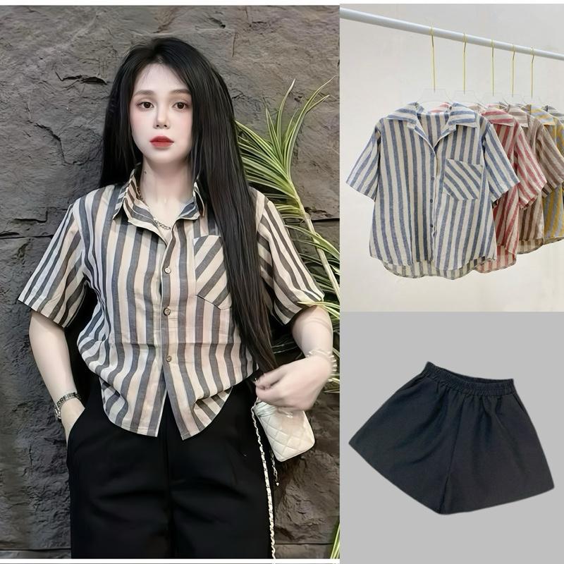  Set Bigsize  CÓ LẺ ÁO  QUẦN  Áo Sơ Mi Form Lửng Dáng Vừa Hoạ Tiết Sọc Cổ Điển Mix Quần Short A  50-92Kg - A288 Q500 