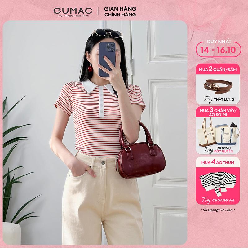 [MUA 4 TẶNG KHĂN CHOÀNG] Áo thun polo nữ sọc ngang cam đen phối cổ trắng kem mổ trụ đính nút thời trang GUMAC LPLF0522