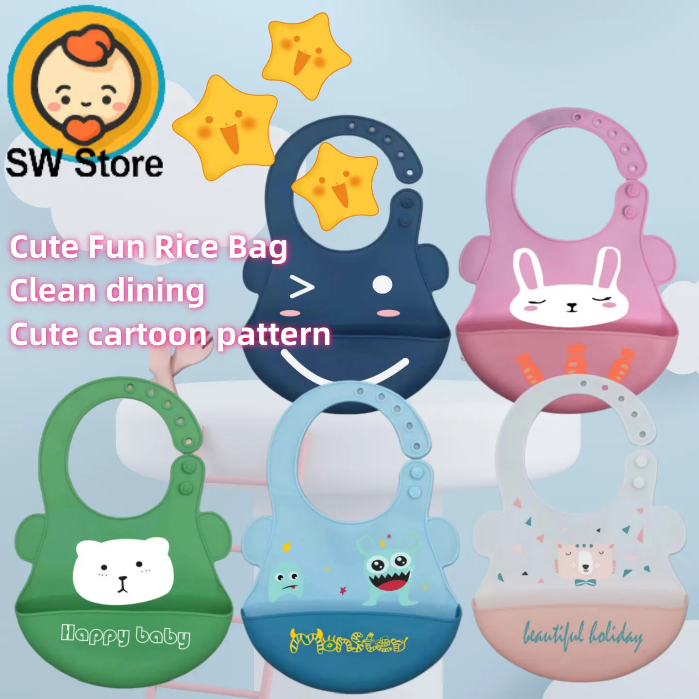 SW Kids Food grade baby complementary food rice bag silicone bib products children's waterproof baby products saliva towel printed pattern SW502