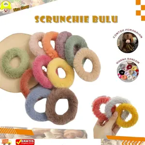 (ncs) Ikat Rambut Model Bulu Halus warna pastel karet scrunchies pom pom lucu kuncir ponytail gaya korea anak dan dewasa