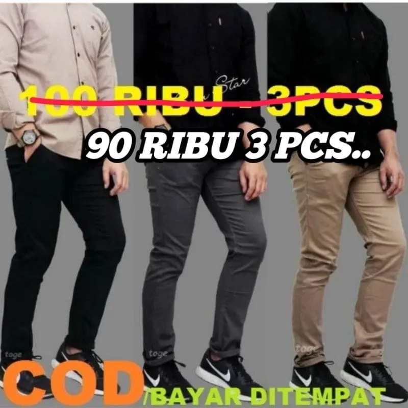 Promo 90 Ribu Dapat 3pcs Celana Chinos Panjang Dewasa Pria Pinggang Karet Katun Santai Nyaman