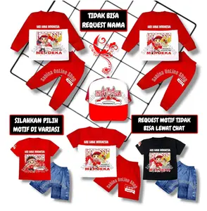 SABLON JIN D'NIM Setelan Anak Merah Putih Baju Kaos Anak Laki-Laki/Perempuan Kemerdekaan 17 Agustusan Usia 0-10 Tahun