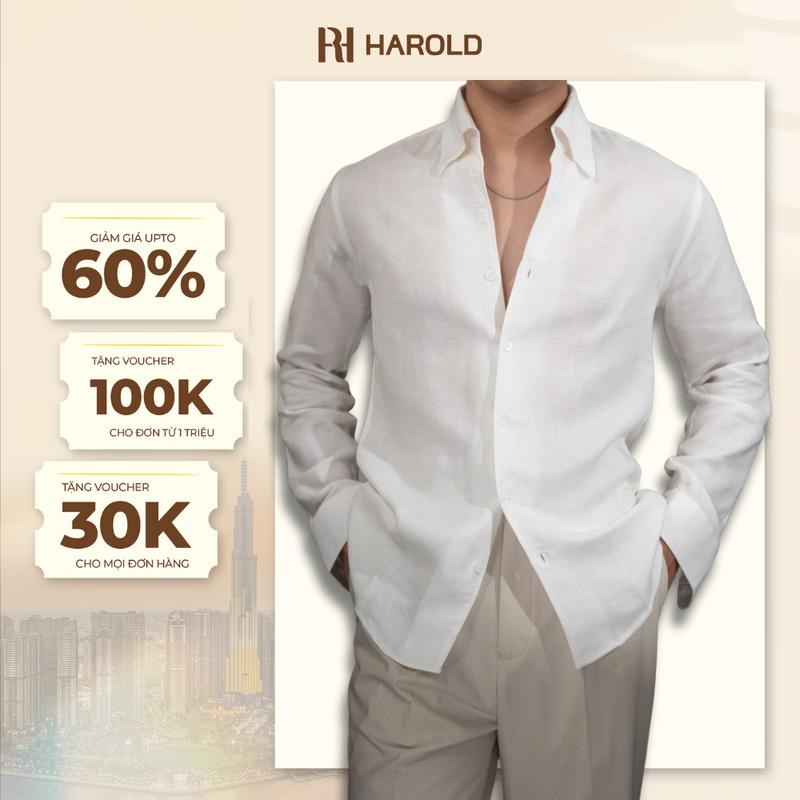 Áo Sơ Mi Nam Dài Tay Harold Linen Cổ Button Down Form Rộng, Thoáng Mát, Thấm Hút Mồ Hôi Cao Cấp