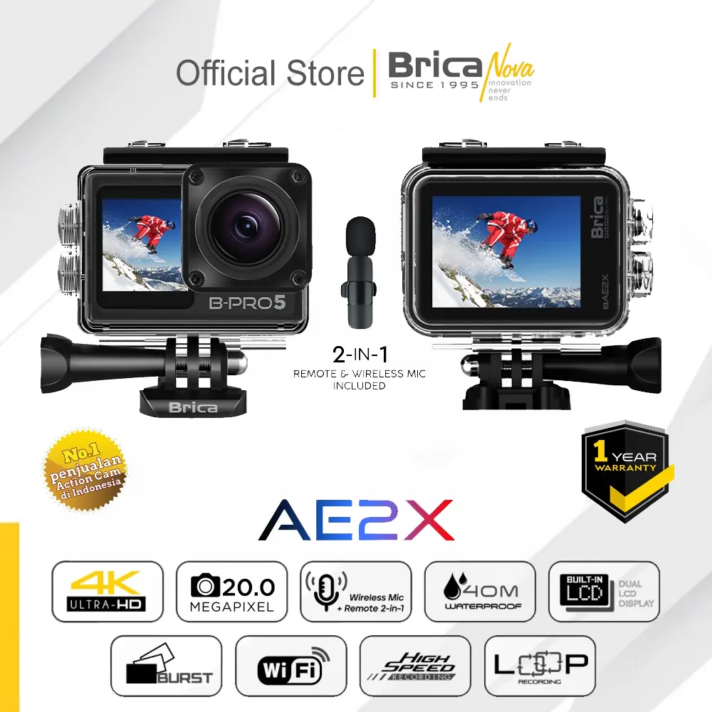 Brica BPRO-5 Alpha Edition 4K Mark II X - AE2X Black - Garansi Resmi - Action Camera 4K 30fps Ultra HD - WiFi - 20 MP - Waterproof -  Motovlog - B-Pro 5 - Kamera Sport Cam - Action Cam - Kamera Mini -  Kamera Aksi BPRO5 - Digital Camera - Sportcam