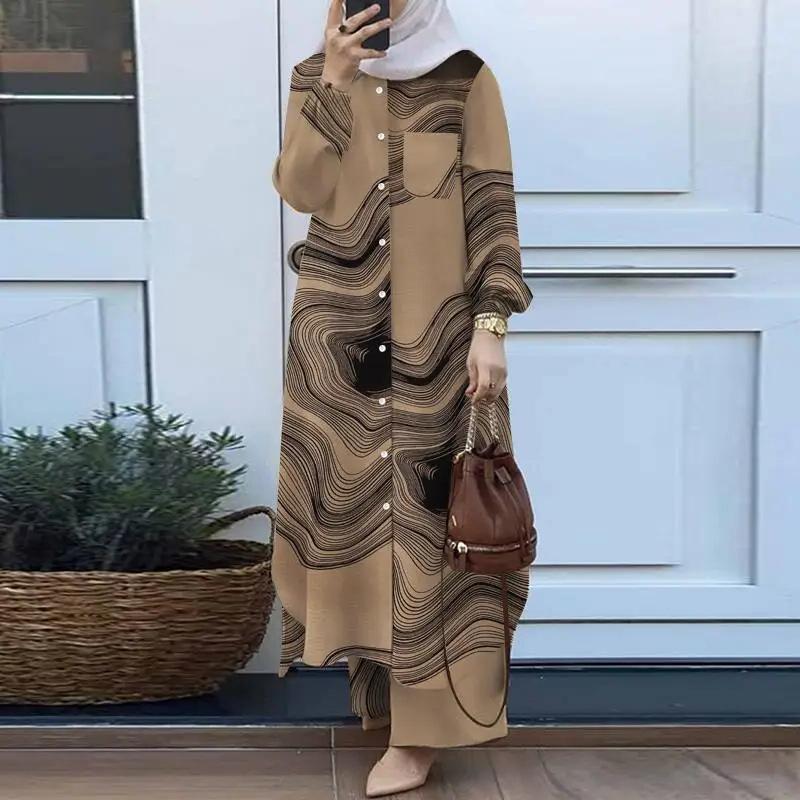 Product Introduction of Fashion printed robe set, women's long sleeved button up shirt and pants two-piece set 3