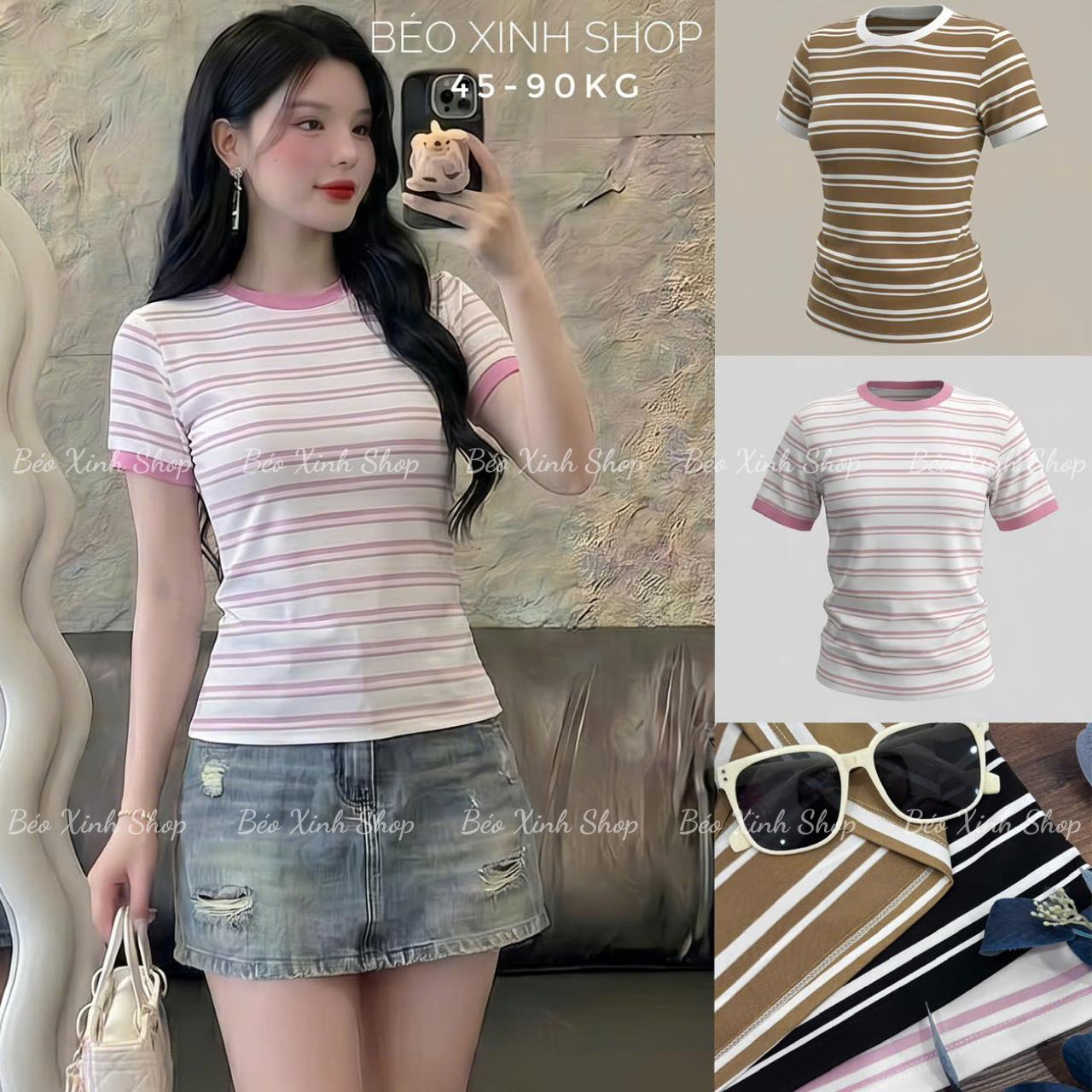 Áo Thun Nữ Cổ Tròn Vải Borit Sọc Cao Cấp Thanh Lịch Bigsize 45–90kg Dễ Thương Nữ Women Top Nhung - A.1799