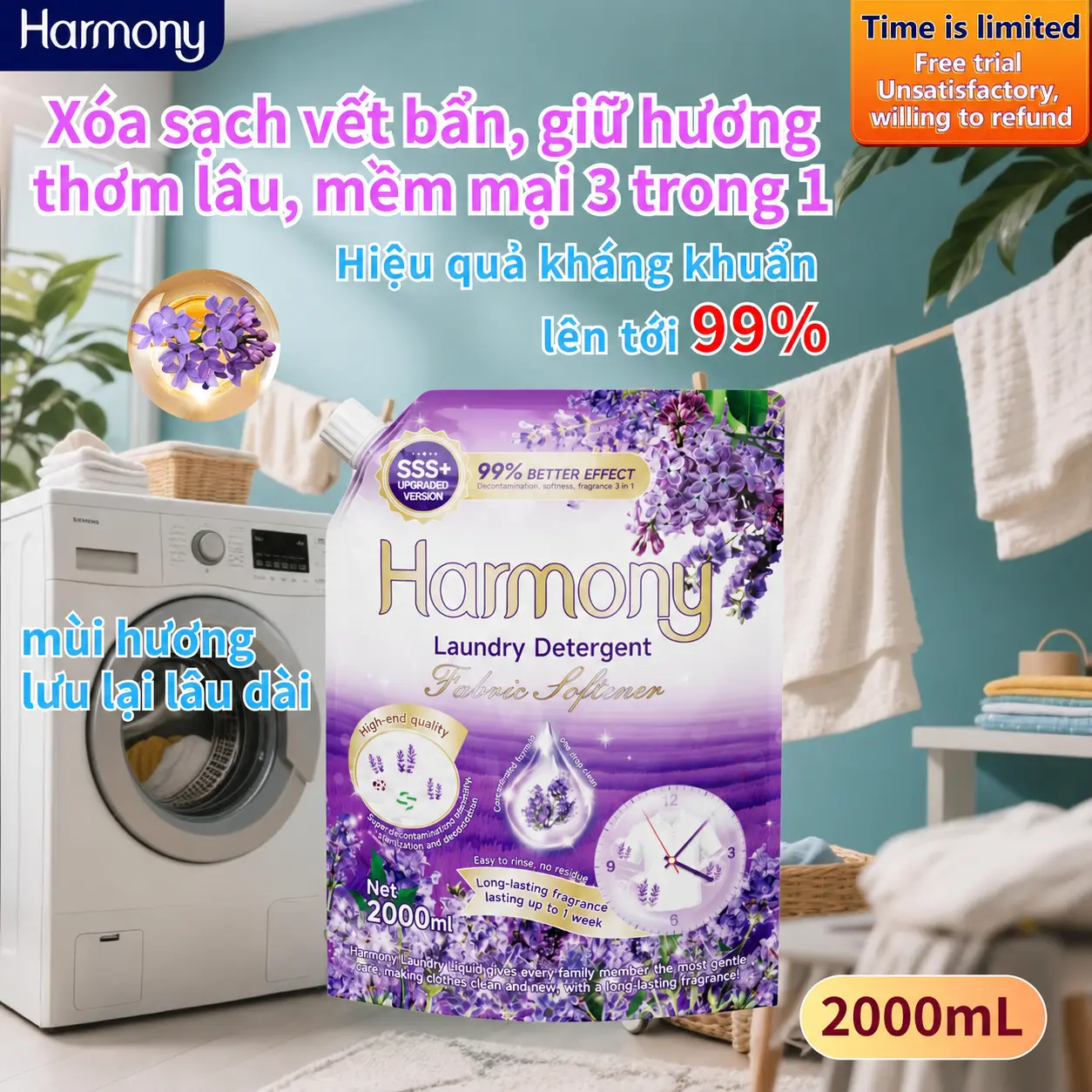 [Ưu đãi Prime Day] 2000MLSuper Concentrate 3 trong 1 Lavender Concentrate giặt với chất làm mềm, làm sạch sâu, khử trùng, hương thơm lâu dài, làm dịu, an toàn, dễ dàng trôi công thức, tăng gấp đôi tốc độ giặt!