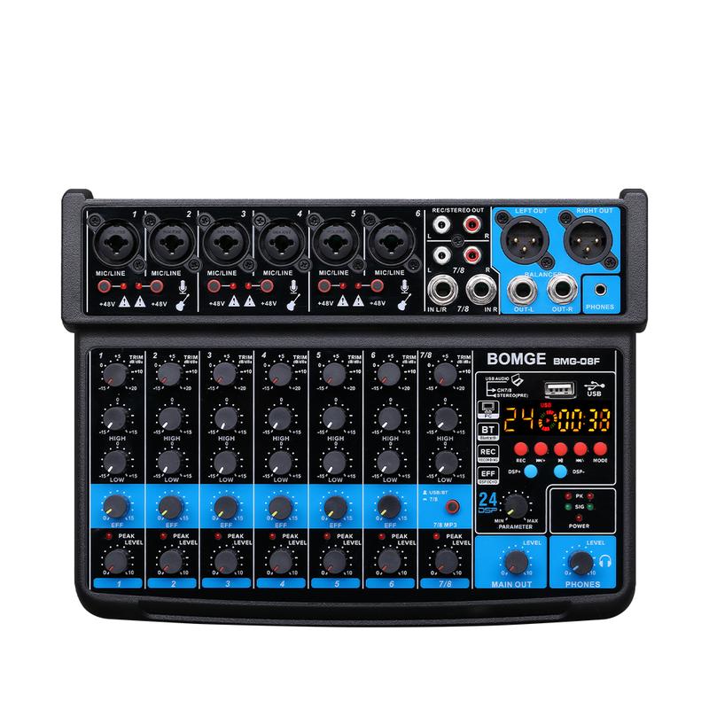 BOMGE-mini 8 Channel Audio Mixer, Line Mixer, DC 5V, with MP3 Player, Bluetooth, 48V U Disk, 24DSP Effect, USB Recording Suitable for small club or bar, studio recording 1