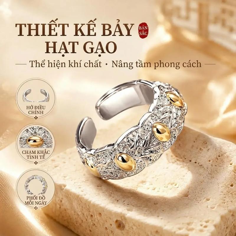 Nhẫn "bảy hạt gạo" 2026, thiết kế mở, kích thước có thể điều chỉnh, khắc hoa…