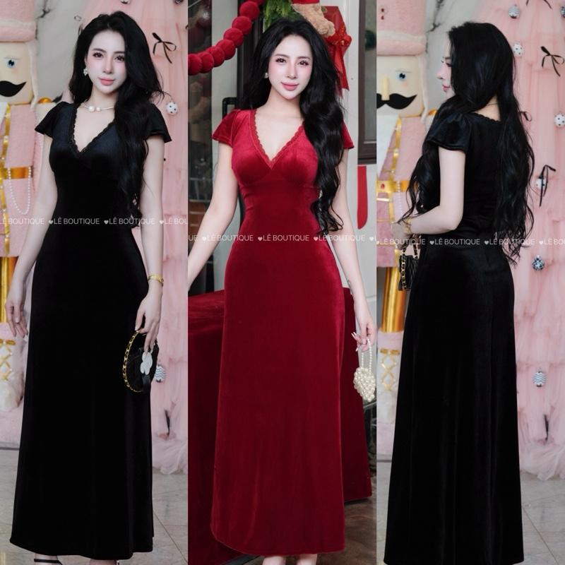 LB2 Đầm Body Nhung Cổ V viền Ren Dáng Xoè Sang Chảnh -Chất Nhung loại đẹp mềm mịn lên dáng chuẩn