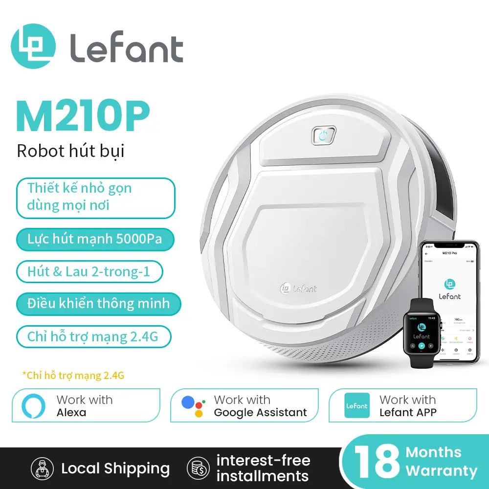Lefant M210P Robot hút bụi thông minh Hút mạnh 5000Pa Điều khiển qua Wi-Fi/App/Alexa Pin 100 phút Êm, lý tưởng cho lông thú