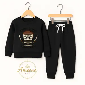 Ameena Setelan Baju Anak Laki-laki & Perempuan Gambar Anomali Cappuccino Assasino Lengan Panjang Celana Jogger Karet Pinggang Tali Serut Bahan Lembut Adem Gaya Simpel Elegan Fashion