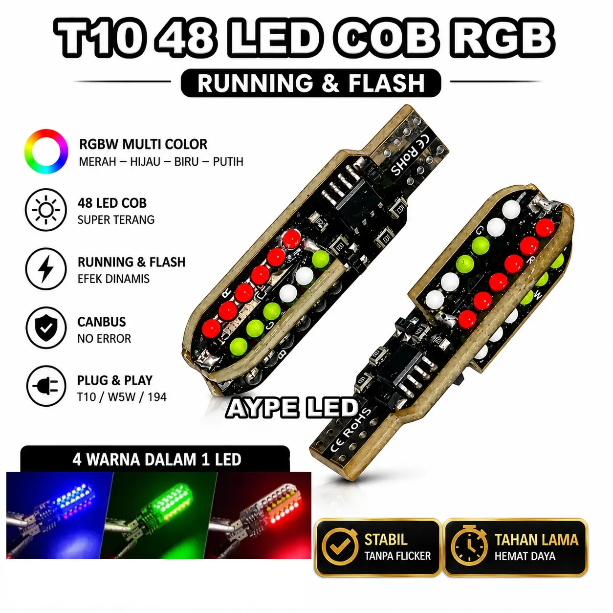 LAMPU LED COLOK SEIN T10 48 LED COB RUNNING FLASH NYALA RGB SEIN SENJA UNTUK MOTOR MOBIL PELANGI RGB