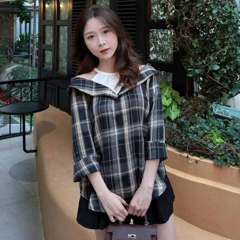 [TOP BÁN CHẠY] Áo sơ mi trễ vai, áo kiểu nữ thời trang phối yếm phong cách trẻ trung cá tính thanh lịch AOT012