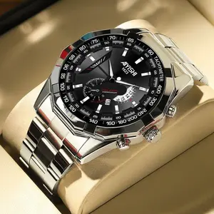 AIYISHI Jam Tangan Pria Mewah & Sporti 1623 Multifungsi Tahan Air 30M Dial Hitam Bodi Stainless Steel Garansi 2 Tahun Kaca Kristal Kuarsa Otomatis